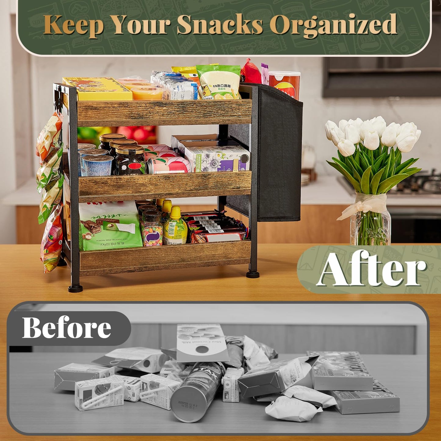 Aquzee Snack Organizer Rack for Countertop, 3 Tier Wooden Candy Display Shelf, Retail Display Shelves with Storage Bag and Chip Clips, Snack Bar Station for Counter, Kitchen, Pantry, Office, Store