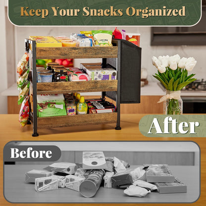 Aquzee Snack Organizer Rack for Countertop, 3 Tier Wooden Candy Display Shelf, Retail Display Shelves with Storage Bag and Chip Clips, Snack Bar Station for Counter, Kitchen, Pantry, Office, Store