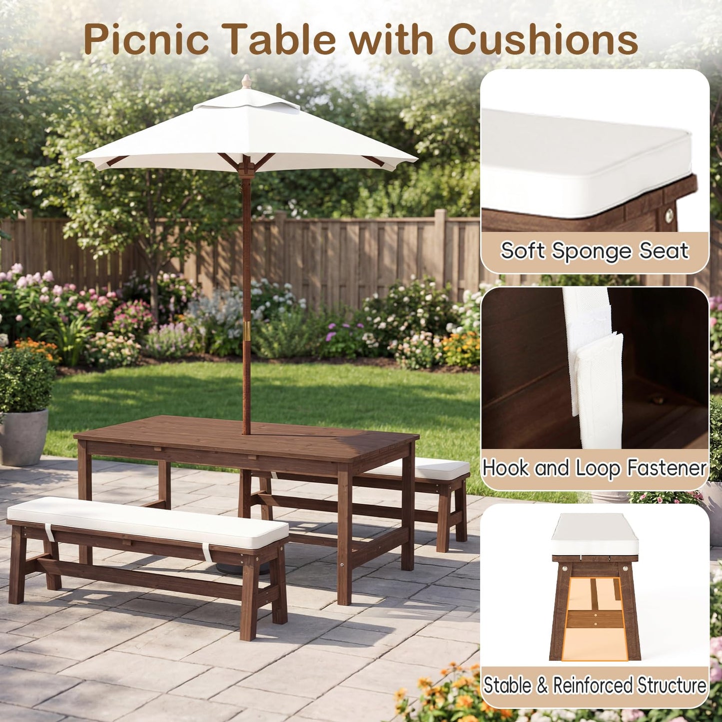 Olakids Kids Picnic Table, Outdoor Wooden Bench Set with Removable Cushions Adjustable Foldable Umbrella, Toddler Backyard Furniture for Patio Garden