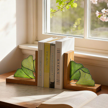 Maitys Ginkgo Leaf Bookends with Oak Wood Base Stained Glass Novelty Bookends Organizer Cute Book Ends for Shelves Desks Libraries Book Lover Gift (Green)