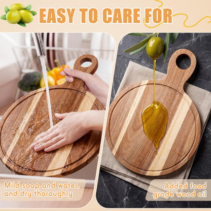 Yiyiring 10 Pcs Acacia Wood Cutting Board with Handle Bulk 15.8 x 11.4'' Round Charcuterie Chopping Board for Pizza Cheese Meat Decorative Natural Wooden Serving Tray for Kitchen and Dining Room