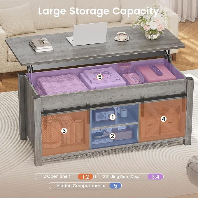 SEDETA Lift Top Coffee Table, Farmhouse Lift Tabletop Dining Table, Gas Spring, Hidden Compartment, Open Storage Shelf, for Living Room, Grey