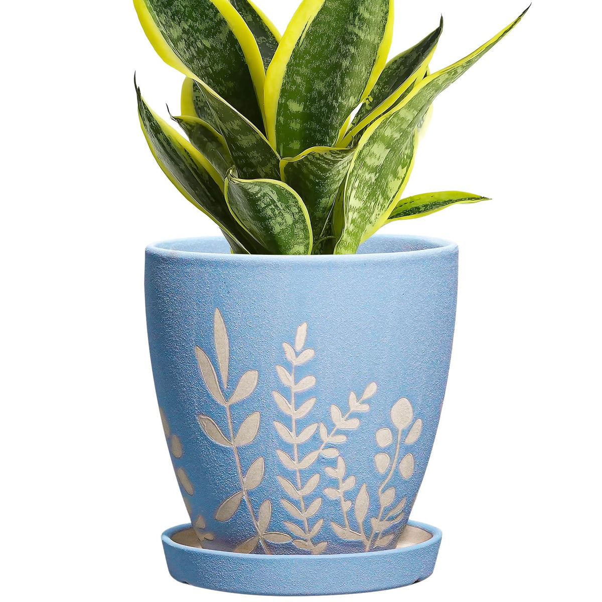 EPFamily 6 Inch Ceramic Plant Pot with Saucer - Small Flower Pot with Drainage for Succulents & Herbs, Boho Desk Home Office Room Decor, Plant Lovers Gifts, Blue