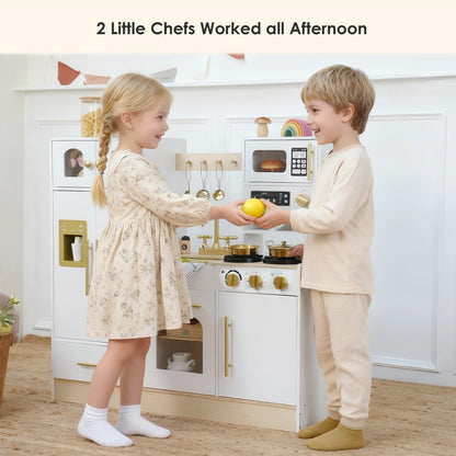 Leeshyah Wooden Kids Play Kitchen, Pretend Cooking Toy Set with Stove, Sink, Coffee Maker & 11 Accessories, Montessori-Inspired Kitchen Playset for Toddlers Ages 3+