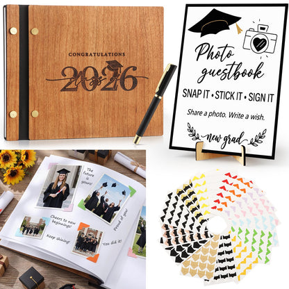 Thenshop 2026 Graduation Guest Book Set, Wooden Photo Album Scrapbook 126 Pages, Guest Book Sign, Pen, 360 DIY Photo Corners for Class of 2026 Grad Party Decorations Favors Gifts (Natural Wood)