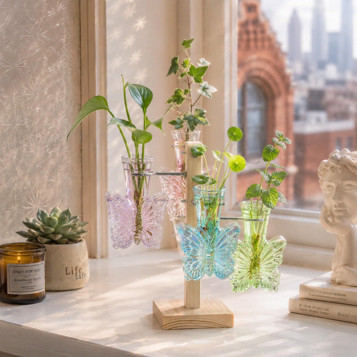 Nacome Plant Terrarium Propagation Stations: Colored Vase with Wooden Stand