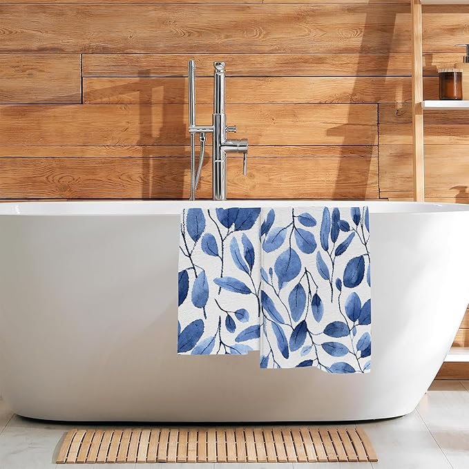 Blue Eucalyptus Leaves Bathroom Hand Towel Set of 2, Watercolor Botanical Plant