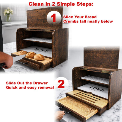 KNIFEPLANET Premium FULLY ASSEMBLED Rustic Bread Box – Extra Large Real Wood Bread Box for Kitchen Countertop Storage, Thick Durable Construction, Double Layer Design (17.5" x 10" x 12")