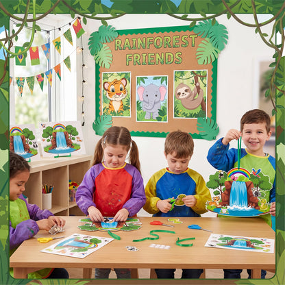 MotiMind 96 Pack Rainforest Fall Animal Craft Kits for Vbs 7.87 Inch Jungle Waterfall Rainbow Scene with Animal Stickers Rainforest Falls Craft Set for Sunday School Church DIY Hanging Decoration