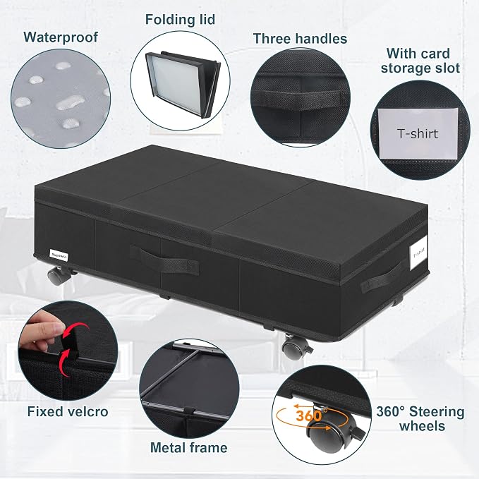 Supowin Under Bed Storage with Wheels, Rolling Underbed Storage Containers with Lids, Under Bed Shoe Storage Bins Organizer with Reinforced Metal Bottom Support and Three Handles