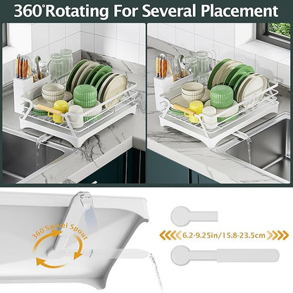 Epicano Dish Drying Rack for Kitchen Counter,Large Capacity,White | Raised Feet,Rustproof,Wooden Handle,Auto-Drainage System,Cup Holder & Knife Slots, Sink Storage Organizer