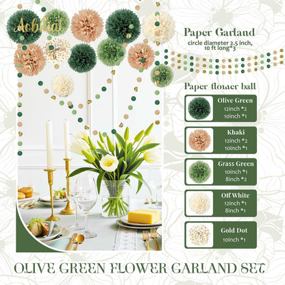 AOBKIAT Wedding Party Decorations Set,15PCS Green Tissue Paper Pom Poms,Dots Paper Garland String Hanging Backdrop for Engagement,Green Boho Wedding,Baby Shower