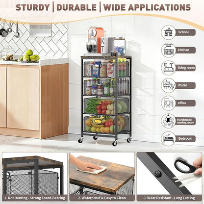 SUNALLY Rolling Kitchen Cart with Drawers, 4-Tier Utility Cart Fruit Vegetable Storage Cart with Lockable Wheels, Wooden Top Metal Kitchen Storage Organizer for Cans, Snacks, Beauty, Craft, Art, Black