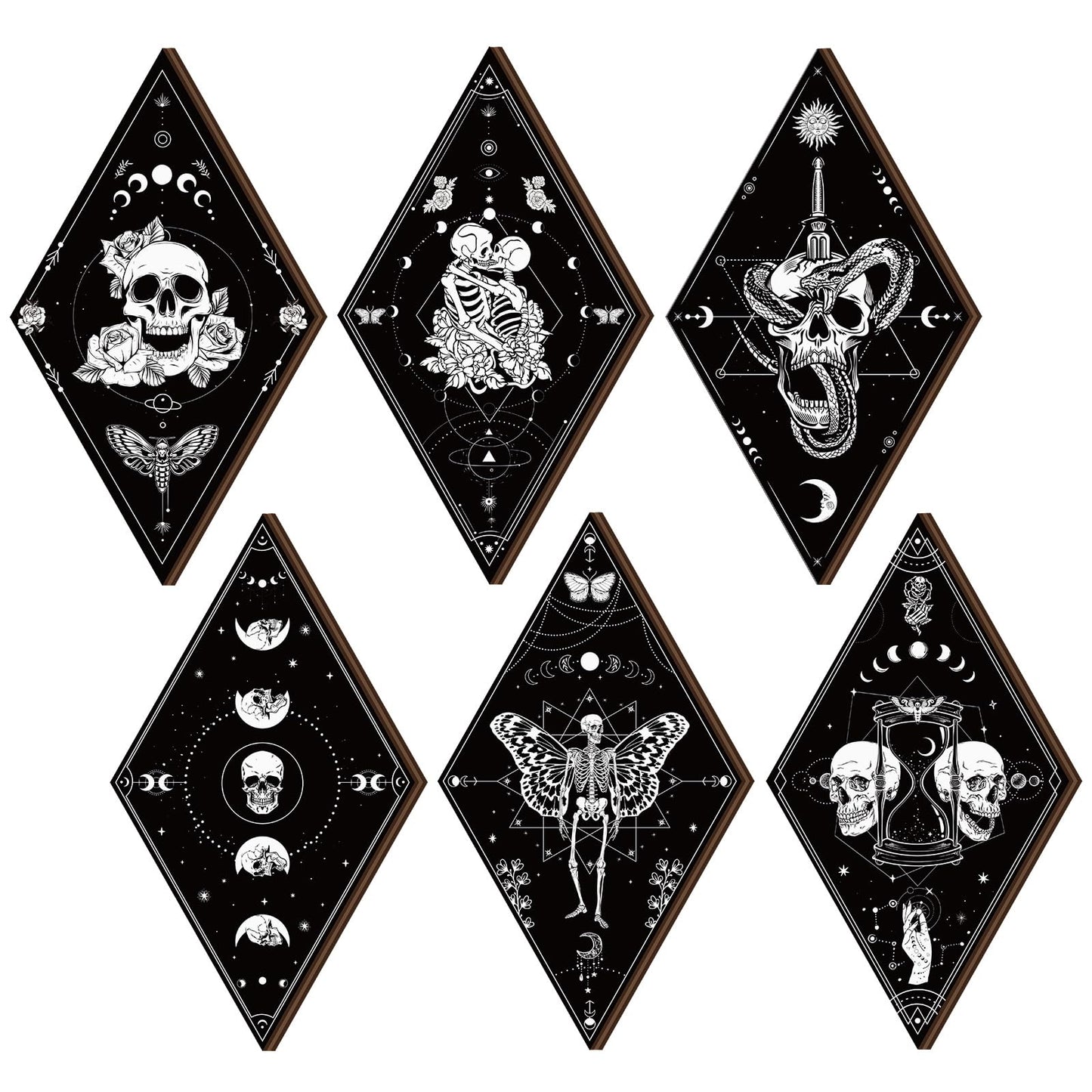 Huwena 6 Pack Gothic Wall Decor for Bedroom Living Room Dark Boho Skull Moon Snake Sun Phase Wooden Hanging Art