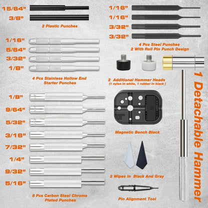 BESTNULE Punch Set, Pin Punches, Punch Tool, Roll Pin Punch Set, Made of High Quality Metal Material Including Punches and Hammer, Mechanical Repair Tool, with Organizer Storage Box (with Bench Block)