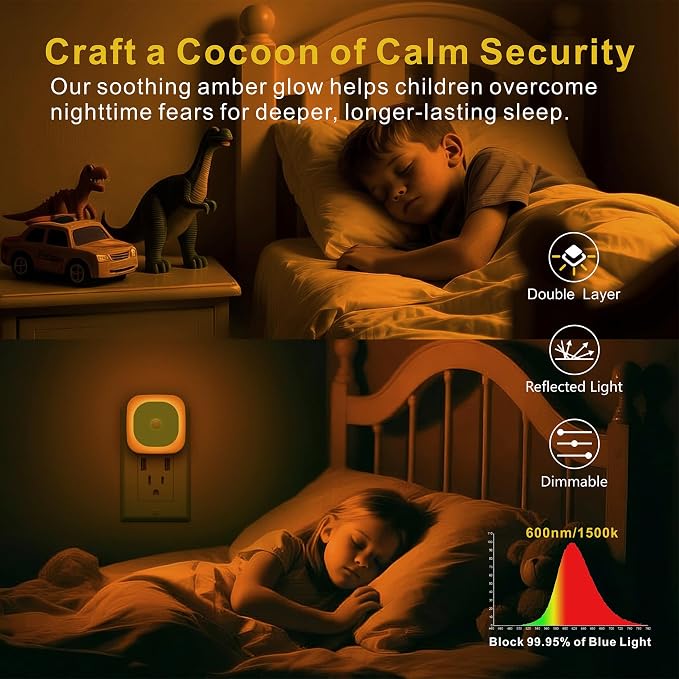YUNLEX 2 Pack Plug in Amber Night Light with Motion Sensor & Dusk to Dawn Sensor, 3-in-1 Nightlight, Dimmable Night Lights Plug into Wall for Kids, Sleep, Bathroom, Bedroom