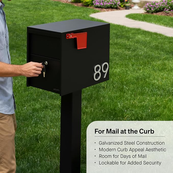 Adoorn Lockable Post Mount Mailboxes for Outside - Large Anti-Theft Locking Mailbox for Packages and Letters - Weatherproof Construction - Durable Steel - 15.5" H x 12" W x 18.5" D - Black