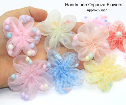 100 Pcs Satin & Organza Ribbon Bows Flower, Lace Patches Bead Appliques for Crafts, Sewing, Hair Bows, Headbands, Wedding Christmas Party Gift Decoration (Mixed)