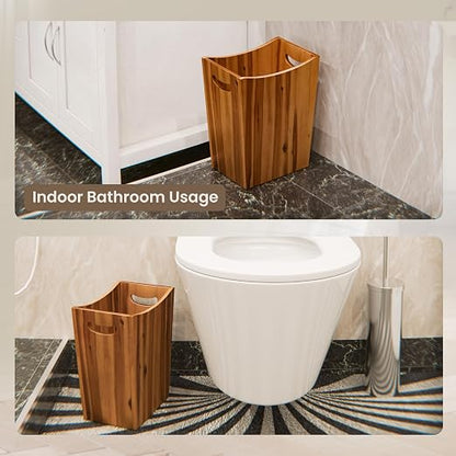 Tidita 2 Gallon Acacia Wooden Wastebasket, Non-Slip Trash Can, Open Top | Acacia Wood, Compact Size, Non-slip Pads, Integrated Side Handles, Open Top, Natural Acacia Color, Multiple Purpose Storage