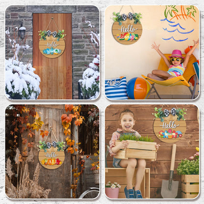 Burbell 20 Pieces Interchangeable Welcome Sign for All Seasons Seasonal Front Door Decor with 4 Pcs Sign and 15 Pcs Changeable Icons Farmhouse Front Porch Rustic Holiday Wooden Door Decor(Brown)