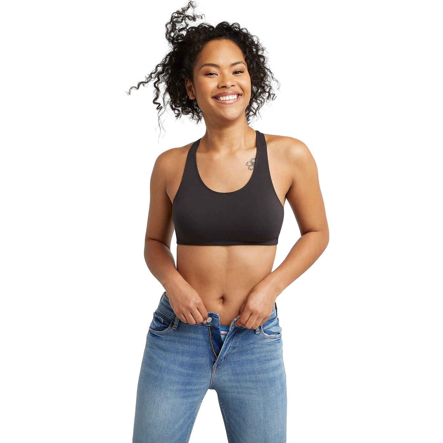 Hanes Women's Racerback Bralette Pack, Low Impact Sports Bra, Solid or Assorted, 3-Pack, White/Concrete Heather/Black