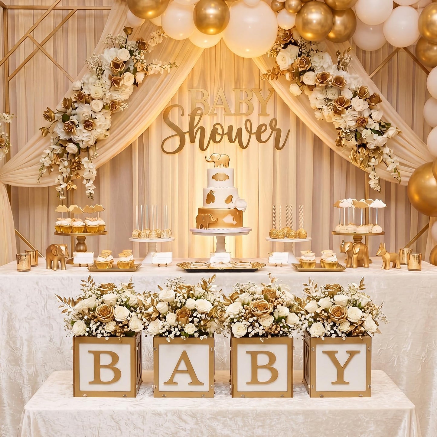 SiliFine 6 Set Baby Shower Centerpieces for Tables 6 Inch Wooden Boxes with Baby Letters Cube Planter Vase Blocks for Gender Reveal Party Decor (Floral,Gold)