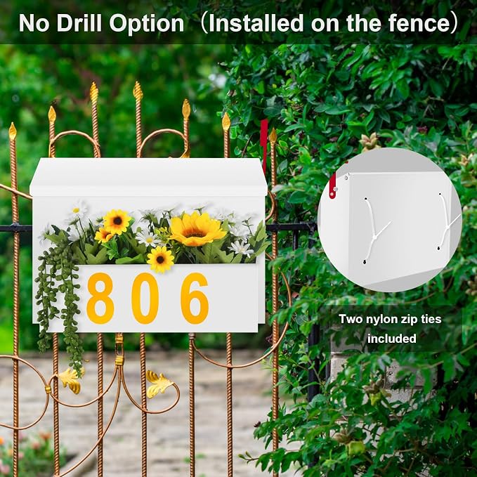 Wall-Mount Mailbox with Flag, Large Capacity Mailboxes for Outside House with Planter & 3 Sets of 0-9 Mailbox Number Stickers, Galvanized Steel Rust-Proof Post Box Metal Mail Box (White)