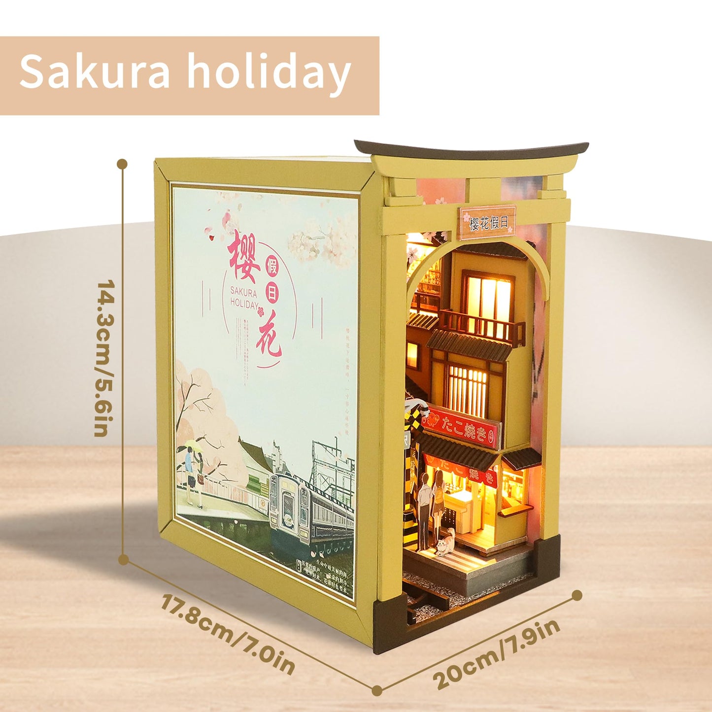 Flever Dollhouse DIY Book Nook Miniature Kit, DIY Booknook Bookshelf Insert Decor, 3D Wooden Puzzle Booknook Miniature Kit for Creative Assembled Bookends (Sakura Holiday)