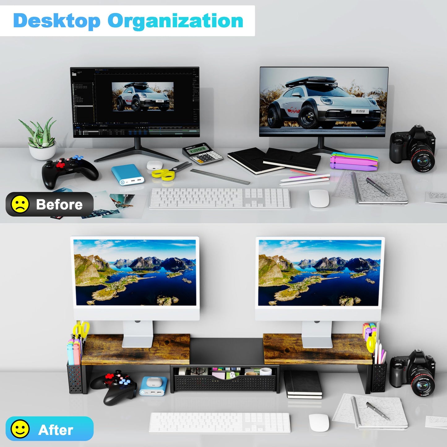 Spacrea Metal Desk Organizers and Accessories, Dual Monitor Stand Riser with Drawer and 2 Pen Holders, Desk Accessories & Workspace Desktop Organizers for Office Supplies (Wood)