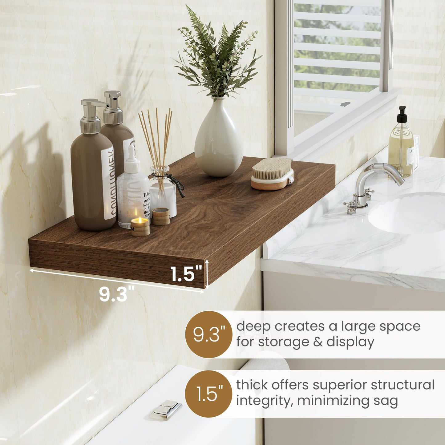 72"W x 9.3"D Floating Shelves for Wall, Wall Mounted Bathroom Shelves 1 Pack Deep Floating Shelf for Bedroom Kitchen Living Room, Rustic Wooden Wall Shelf with Invisible Bracket for Books Decor