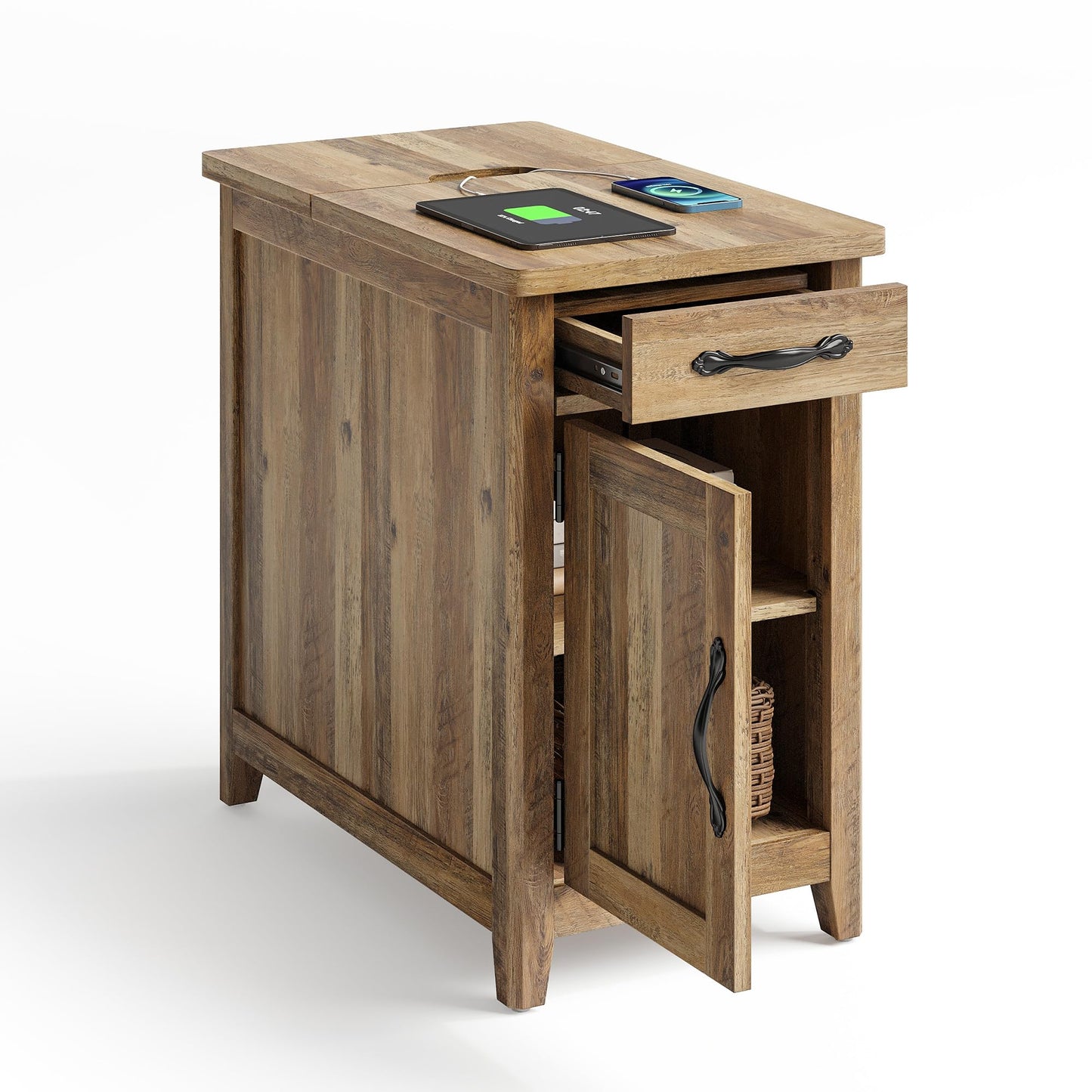 LINSY HOME End Table with Charging Station, Modern Farmhouse Wooden Side Table with Drawer, Detachable Holder, Extra Storage & Display Space, for Living Room and Bedroom, Wooden Door, Brown