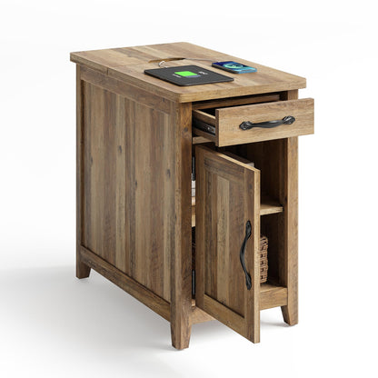 LINSY HOME End Table with Charging Station, Modern Farmhouse Wooden Side Table with Drawer, Detachable Holder, Extra Storage & Display Space, for Living Room and Bedroom, Wooden Door, Brown