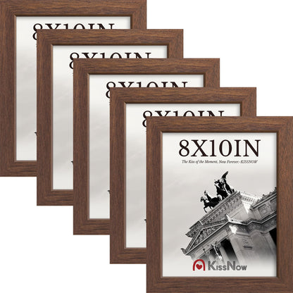 KissNow 8x10 Picture Frame 5-Pack - Brown Wooden 10x8 Frames with Tempered Glass, Classic Tabletop Gallery Frames for Photos & Art Prints