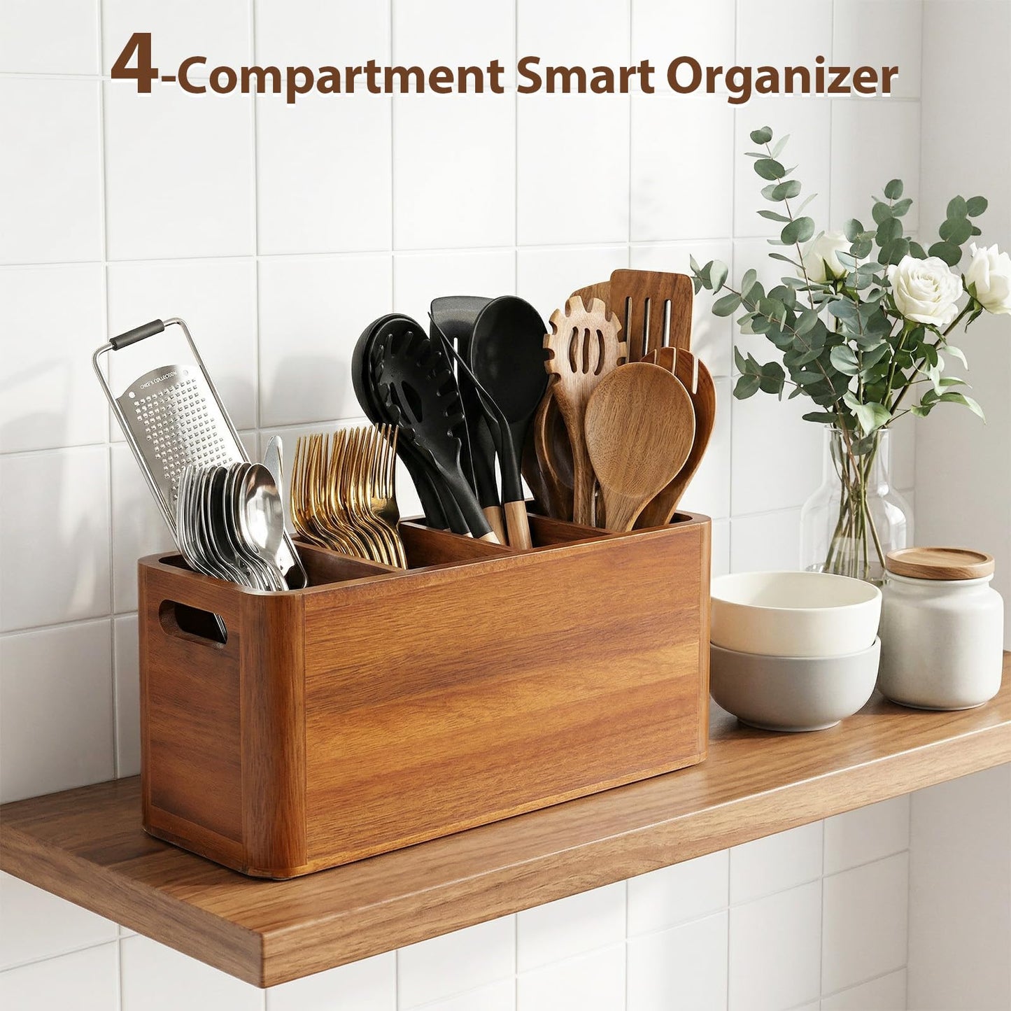 powerful xishan Kitchen Utensil Holder for Countertop with 3-Piece Wooden Utensil Set, Extra Large Acacia Wood Utensil Organizer, 4-Compartment Storage for Cooking Utensils, Silverware and Cutlery