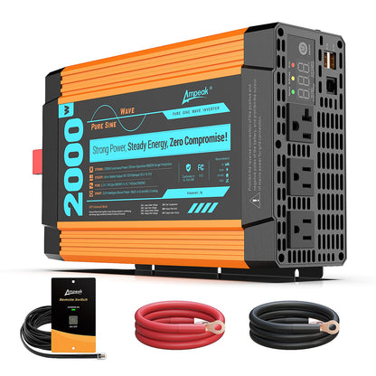 Ampeak Pure Sine Wave Inverter [2000 Watt] - 6000W Surge, 12v DC to 110V AC Converter Power Inverter for RV, Truck, Home, Solar, Outdoor with Dual AC & 20A Outlets, Hardwire Port, 5V 3.1A USB & Remote