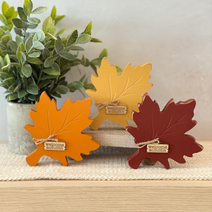 Fall Leaf Shelf Sitter, Chunky Wooden Autumn Decor for Tiered Tray Displays, Rustic Harvest Tabletop Accent Thanksgiving Mantel Decoration (Yellow)