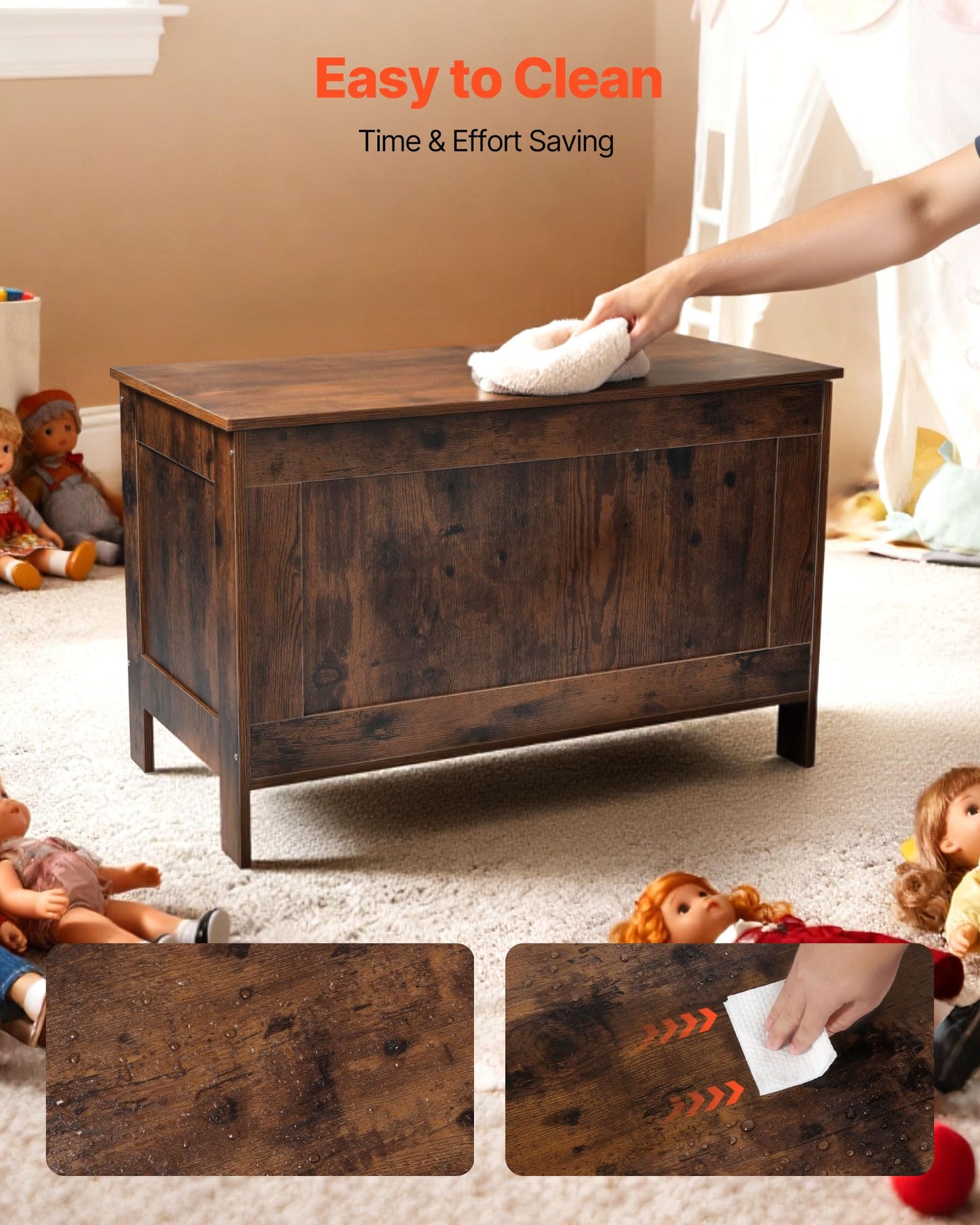 VEVOR Kids Storage Bench, Wooden Toy Box Chest, Large Storage Cabinet with Safety Hinge, Toddlers Retro Storage Bench for Playroom, Living Room or Entryway, 29.7 x 15.3 x 18.9 in, Easy Assembly, Brown
