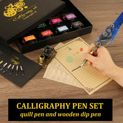 LongLongJin Calligraphy Pens and Ink Set - Calligraphy Kits for Beginners,Quill Pen Includes Dip Pen,8*Colors Ink,11*Calligraphy Pen Nibs（Blue）