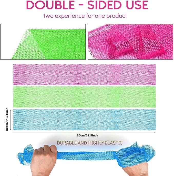 UJFQBH 3 Pieces African Bath Sponge African Net Long Net Bath Sponge Exfoliating Shower Body Scrubber Back Scrubber Skin Smoother,Great for Daily Use (Rose Red, Blue, Green)
