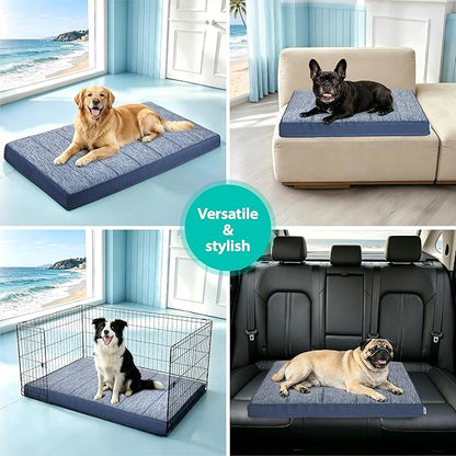 Cooling Dog Bed for Large Dogs - Orthopedic Pet Beds with Memory Foam, QMAX>0.5, Waterproof Removable Washable Cover for Hot Weather, Wander Blue, 35" L x 23" W x 3" H