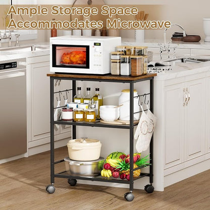 BEWISHOME Rolling Kitchen Cart 3 Tier, Microwave Kitchen Cart with Storage Function, Practical Roller Cart with 4 Locking Wheels for Kitchen, Living Room, Bathroom, Office, Bar (Brown) 99ZCC01H