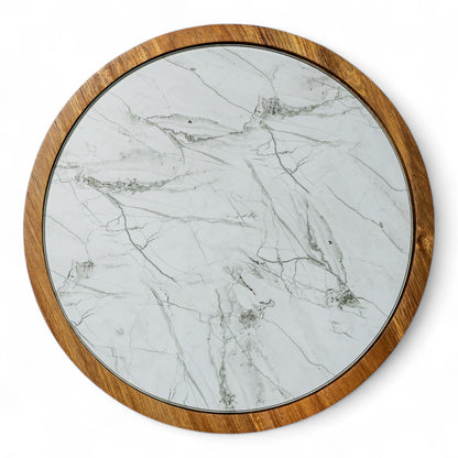 Rickby, 12" Premium Acacia Wood Lazy Susan Turntable for Table Top with Removable Marble Texture Glass Plate, Wooden Lazy Susan for Dining Table Centerpiece & Kitchen Countertop