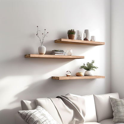 YYWUOJJ Wood Floating Shelves for Wall Decor, Rustic Wall Shelves for Bedroom Bathroom Kitchen Living Room, Set of 4 Light Walnut 24 Inch