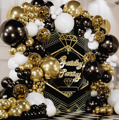 ALL-IN-1 Black White Gold Balloons Garland Kit & Arch – Small and Large Black White and Gold Balloons with Confetti – Black and Gold Party Decorations for Graduations, New Years, Birthday