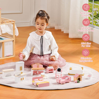 ROBOTIME Wooden Dollhouse Furniture Set, 28 PCS Miniature Dollhouse Furniture with 6 Room Kits, Dollhouse Accessories and Pretend Play Furniture, Gift for Boys and Girls Ages 3+