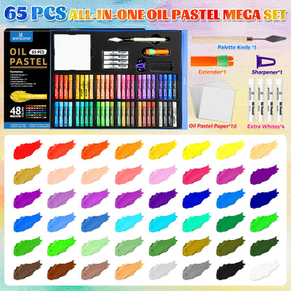 WINSONS 65 PCS Oil Pastel Set, 48 Soft Colors & Extra 4 White Pastels, Complete Art Kit with Holder, Scraper, Sharpener & Pastel Paper – Non-Toxic, Smooth Blending for Artists & Beginners