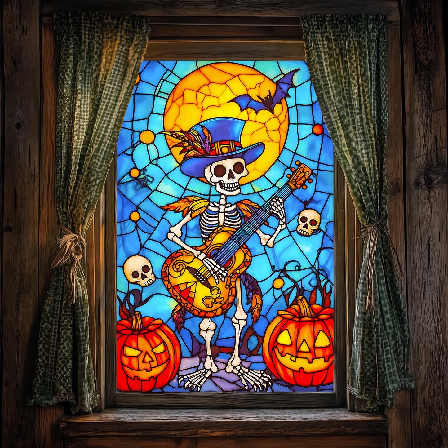 HOMETITUTE Halloween Skeleton Musician Window Film 31x47 Inch Decorative Window Film Pumpkin Guitar Skull Scene Stained Glass Cling for Mirror Door Privacy Decor for Home Party School Office