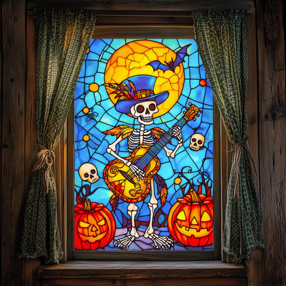 HOMETITUTE Halloween Skeleton Musician Window Film 31x47 Inch Decorative Window Film Pumpkin Guitar Skull Scene Stained Glass Cling for Mirror Door Privacy Decor for Home Party School Office