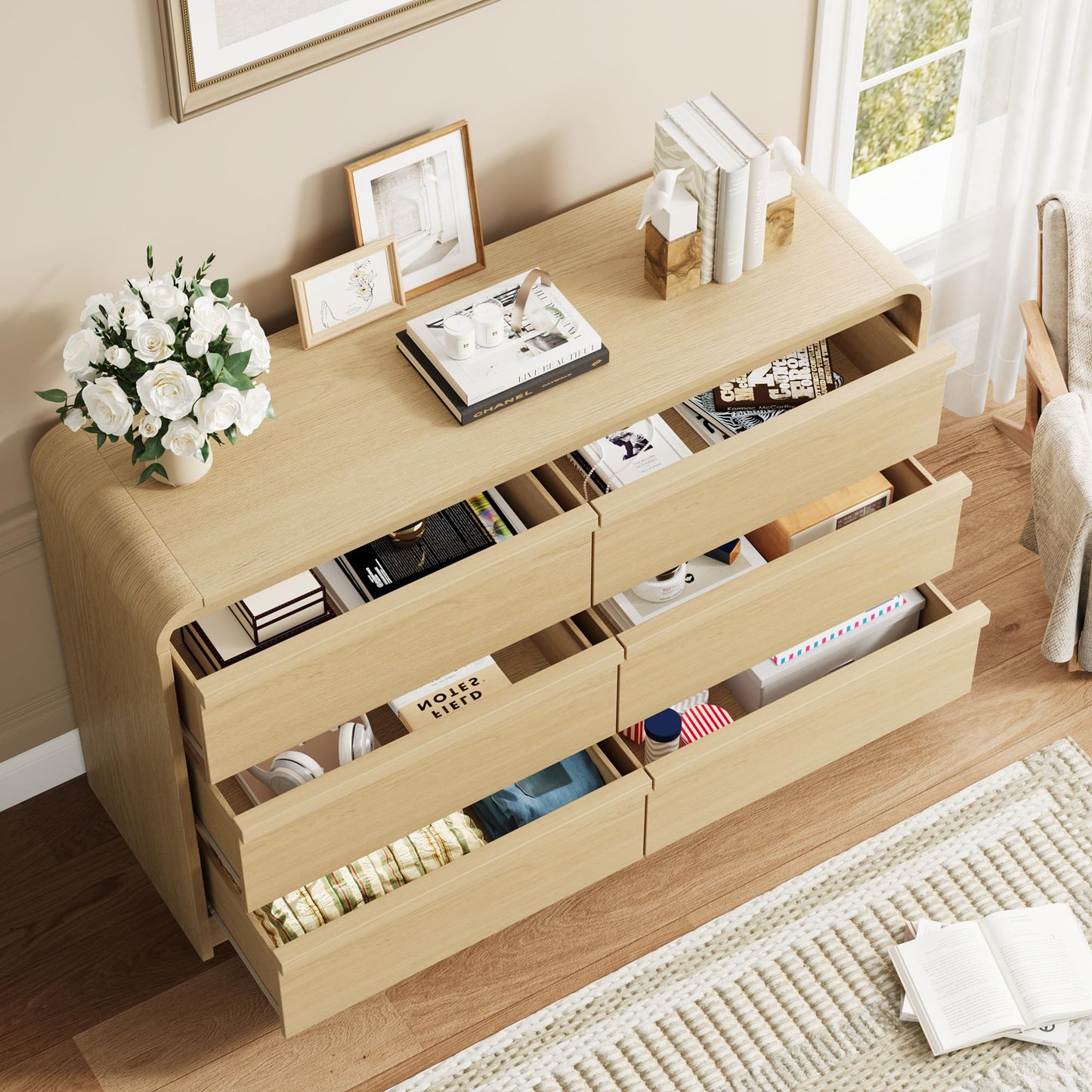 Garvee 6 Drawer Dresser for Bedroom, 47" Wide Wooden Dressers with Curved Profile Design, Mid Century Chest of Drawers Closet Clothes Storage Organizer for Living Room, Entryway, Nursery, Natural