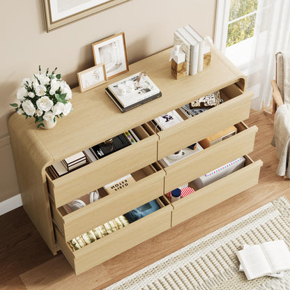 Garvee 6 Drawer Dresser for Bedroom, 47" Wide Wooden Dressers with Curved Profile Design, Mid Century Chest of Drawers Closet Clothes Storage Organizer for Living Room, Entryway, Nursery, Natural